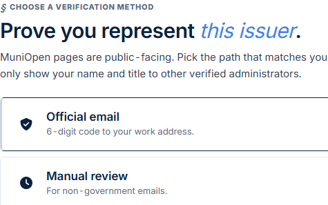 Claiming a MuniOpen page: official email, manual review or LinkedIn